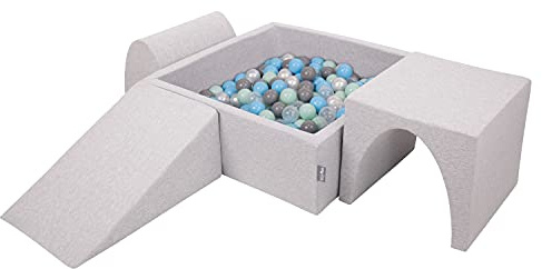 KiddyMoon Spielplatz Aus Schaumstoff Mit Quadrat Bällebad (200 Bälle) Ballgruben Für Babys Spielbad Hindernisläufen, Hergestellt In Der EU, Hellgrau:Perle/Grau/Transparent/Babyblue/Minze