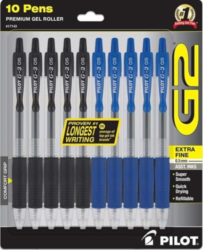PILOT G2 Stifte 0,5 mm – 10 Stück mit 5 blauen und 5 schwarzen Stiften Kugelschreiber extra feine Spitze, nachfüllbar & einziehbar
