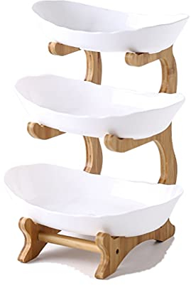 3 Tiers Fruit Plate with Wood Holder Snacks Plate Party Food Serving Display White