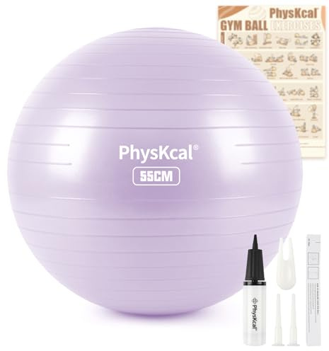 PhysKcal Gym Ball 55cm Purple Exercise Swiss Ball for Fitness Yoga Pilates Pregnancy, Anti Burst Ball Chair for Balance, Stability, Quick Pump Included