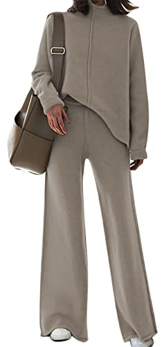 AOHITE Damen 2-teiliges Outfit-Set, langärmelig, Strickpullover, Oberteil und Hose mit weitem Bein, Sweatsuit, Ein Khaki, M