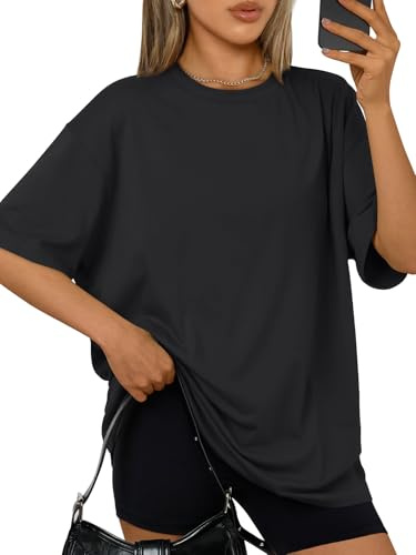 Trendy Queen Womens Oversized Sleep T Shirts Plus Size Capsule Wardrobe Tops Short Sleeves Fashion Workout Clothes 2026 Black M