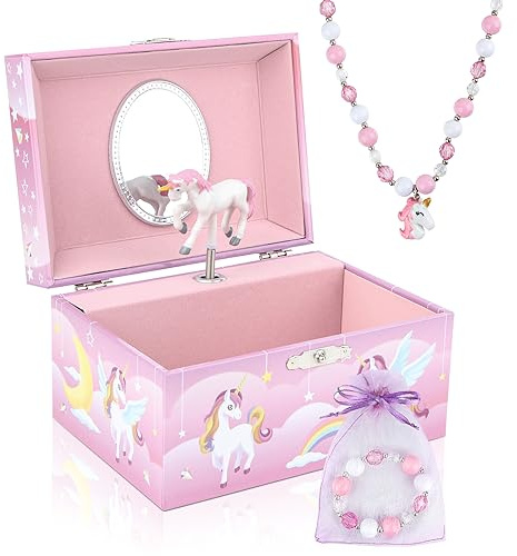 Homtibrm Schmuckkästchen mit Spieluhr für Mädchen mit Einhorn-Schmuckset, Kinder-Schmuckkästchen Musikkästchen mit sich drehenden Einhorn, Over the Rainbow