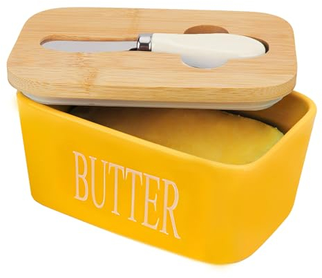 Butter Dish with Lid, Kitchenexus Ceramic Butter Keeper with Bamboo Cover & Steel Knife, Porcelain Butter Bowl Holder Container Perfect for Butter West or East Coast Butter Yellow