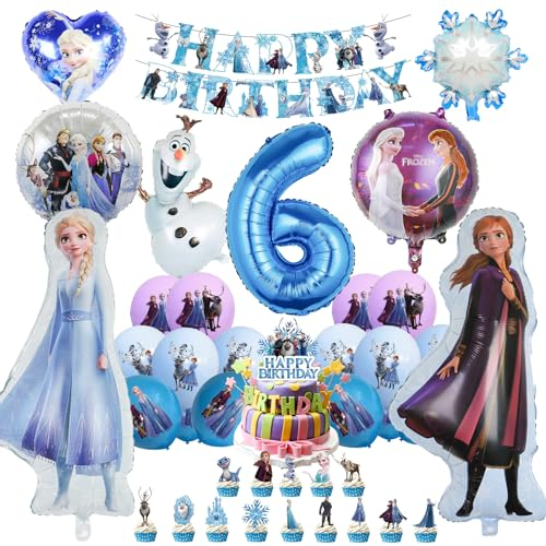Oirigaga 46pcs Geburtstagsdeko Luftballons Set für 6 Jahre Mädchen, Eiskönigin Party Deko Ballons, Kinder Geburtstag Helium Balloons Eisa Anla Folienballons mit Happy Birthday Banner und Tortendeko