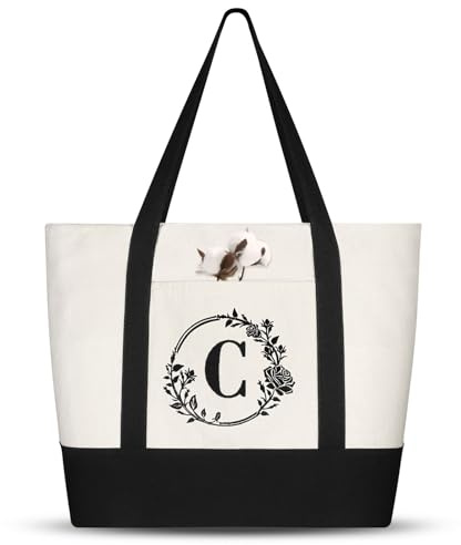 Aucuu Borsa Tote in Tela, Iniziali Tote Bag da Donna, Borsa Regalo Personalizzata, Grande Borsa Shopper con Lettere, Borsa da Spiaggia, Regali per Amica, Regalo di Compleanno, Festa Della Mamma-C