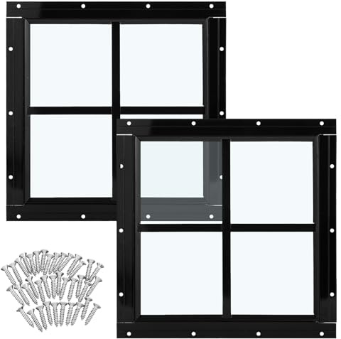 Tandefio 2 Pack 12'' x 12'' Black Flush Mount Shed Window with Tempered Glass Household Windows with Screws for Chicken Coop Sheds Barns Playhouse
