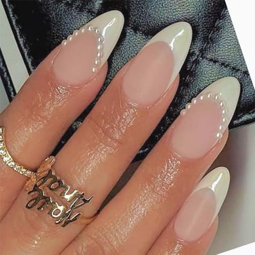 Hebterrka Lot de 24 faux ongles à pression, en forme d'amande, en forme d'amande, faux ongles blancs, mi-longs, brillants pour le quotidien
