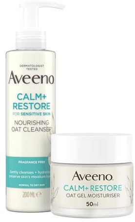 Aveeno Face Calm+Restore Oat Cleanser (1x 200ml) and Oat Gel Moisturiser (1x 50ml), Duo Nourishing Skincare Bundle, Suitable for Sensitive Skin
