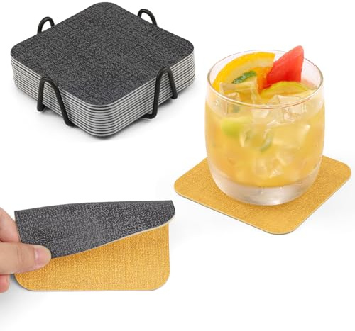 Chitomars Untersetzer Gläser 12er Set, doppelseitige Leder Glasuntersetzer | Rutschfest abwaschbare Getränkeuntersetzer Kunstleder Glas Untersetzer-Set mit Halter (Grau Gelb, Quadratisch)
