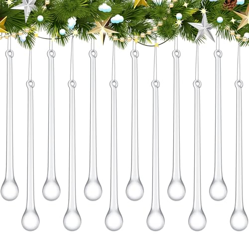 Ninehaoou 24 Pcs Glass Icicles Christmas Ornaments 4.72'' x 0.59'' Extra Long Clear Teardrop Christmas Chandelier Decorations Crystal Hanging Ornaments Glass Raindrops for Xmas Tree Decor Party