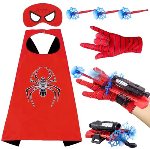 Heartsking Spider Launcher Handschuh, Spider Hero Spielzeughandschuh, Spider Launcher Spielzeug Cosplay Kostüme, Spider handschuhe, Umhang und Maske, Handgelenk Spielzeug Set für Kinder