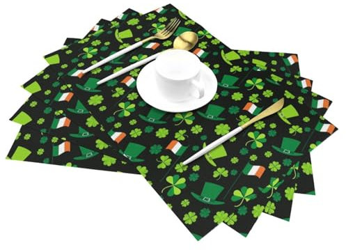 Irish Flags and Four Leaf Clovers St Patricks Day PVC Woven Placemats, Anti-Stain and Oil-Proof Heat-Resistant Dinner Plate Mats, Kitchen Table Gathering Holiday Party Decorations.