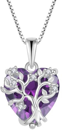 FJ Collier Arbre de Vie pour Femme Argent Sterling 925 Pendentif Coeur Pierre de Naissance Bijoux Cadeaux pour Femme