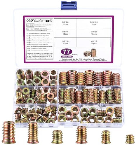 77 Pz Inserti Filettati per Legno, M6 M8 M10 Rivetti Filettati, Bussole Boccole Filettate per Legno, Dado Hardware, Viti a Esagono Incassato per Mobili Pannelli