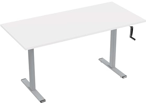Eigentlich Höhenverstellbarer Schreibtisch manuell mit Kurbel, Steh-Sitztisch Gestell Silber, Bürotisch verstellbar von 72,5 bis 120,5 cm, Produktionstisch (Weiß, 160 x 80 cm)