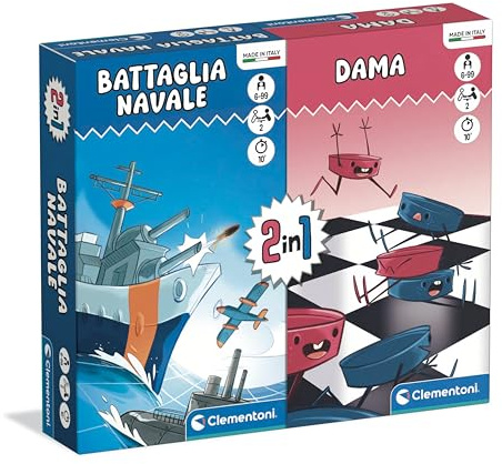 Clementoni - Gioco da Tavolo 2 in 1, Dama e Battaglia Navale, per Bambini 6+ Anni e Adulti, Gioco di Società da 2 Giocatori, Idea Regalo Made in Italy, Lingua Italiana, 16576