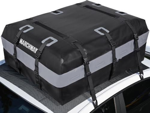 MARCHWAY Waterproof Car Roof Luggage Bag, Weatherproof Soft Shell Rooftop Cargo Carrier Bag for Vehicles with or Without Rack. 6 Door Hooks, Anti Slip Mat, Lock Included (21 Cubic Feet, Black)