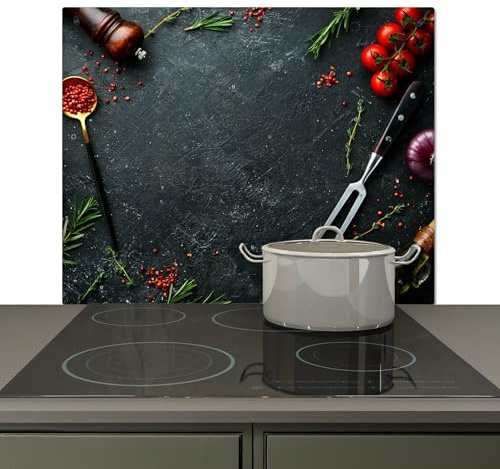 KitchenYeah© Spritzschutz Herd Küchenrückwand Vinyl Küchen Zubehör | 60x52 cm - Küchenwand, Herdabdeckplatten für Ceranfeld Stilleben - Kräuter - Italienisch - Gewürze