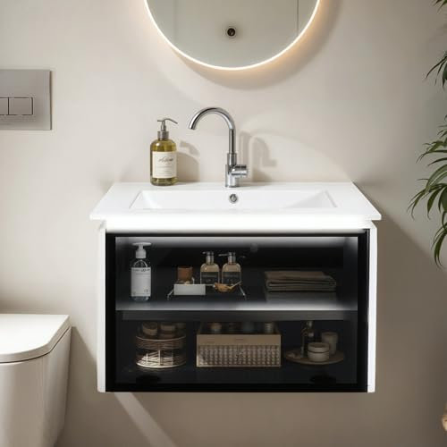 LULUWA Mueble bajo de lavabo de 60 cm de ancho, con lavabo de cerámica con puerta de cristal con lámpara de inducción (blanco)