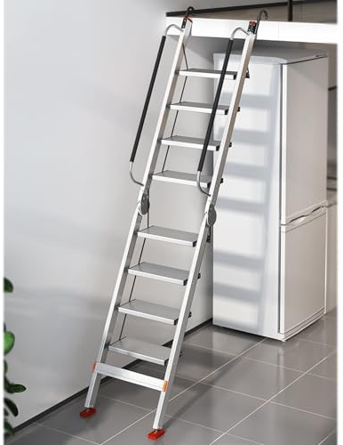 SRNSAEB Folding Loft Bed Ladder Black Silver, Adjustable Bunk Bed Ladder/Hook-On Handrail Ladders, Lightweight 14 12 10 8 Step Dorm Step Ladder for Caravans Dormitory Storerooms(Silver,8 Step-8.4')