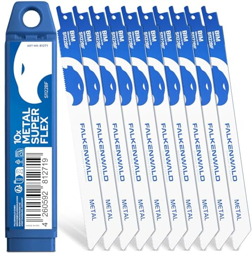 FALKENWALD® Säbelsägeblätter Metall 10x S1122BF – Super Flex - 225 mm lang, 14 TPI - Für Rohre, Profile, Aluminium, Sandwichpaneele - Universalschaft 1/2 für Bosch, Makita, Einhell u. v. m.