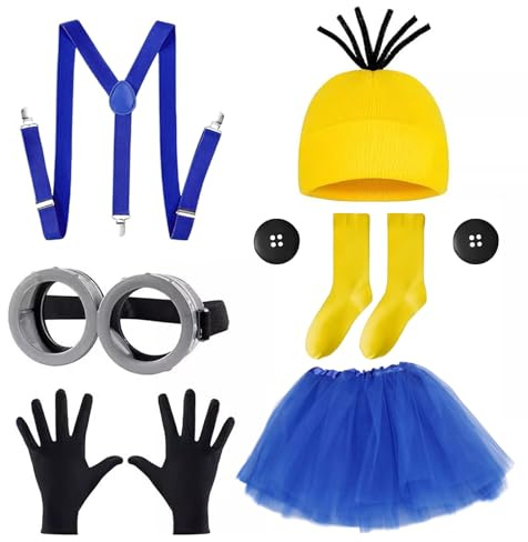 Lot de 7 accessoires de costume de carnaval - Accessoires de film - Jupe en maille bleue - Lunettes - Bonnet jaune - Gants - Chaussettes jaunes - Boutons - Costume de carnaval pour femme et homme