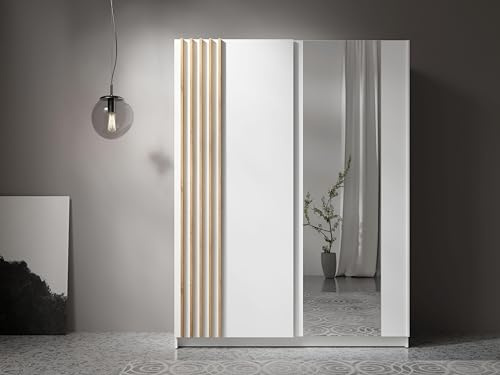 AXLIVING Kleiderschrank Weiß mit Spiegel 150 cm Beralto mit Lamellen für Schlafzimmer