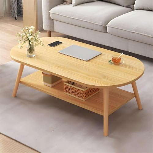 Mesa de café ovalada contemporánea de 2 niveles con diseño de estante abierto en marrón (80 cm) para salas de estar (80 cm, natural)
