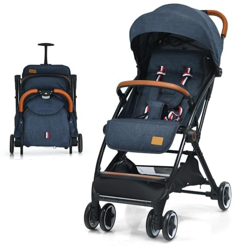 FANTASK Children's Buggy, Foldable, 5-Point Safety Belt with Reclining Function, Travel Buggy with Hood and Adjustable Backrest, Pushchair for Baby up to 3 Years, 15 kg Load Capacity (Blue)