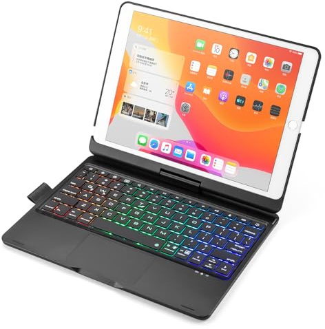 JZCZMCE Funda con Teclado para iPad 10,2 9.ª, 8.ª y 7.ª Generación/Pro 10,5/Air 3.ª Generación, Contiene Ñ, Giratoria 360°, Teclado Retroiluminado 7 Colores con Trackpad & Soporte para Lápiz,Negro