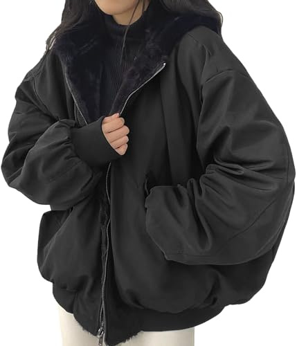 Vestes d'hiver pour femmes UK réversible Y2k Parka ample zippée Manteaux avec capuche Manteau polaire chaud pour filles Veste imperméable légère Veste d'extérieur pour femme Rembourré épais Vêtements