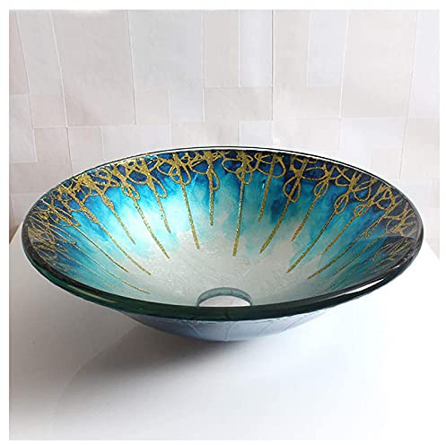 Lavandino da Bagno in Vetro temperato - Lavandino da Bagno Rotondo Artistico da 18 Pollici, lavabo con Rubinetto a Cascata e Scarico a Scomparsa, A