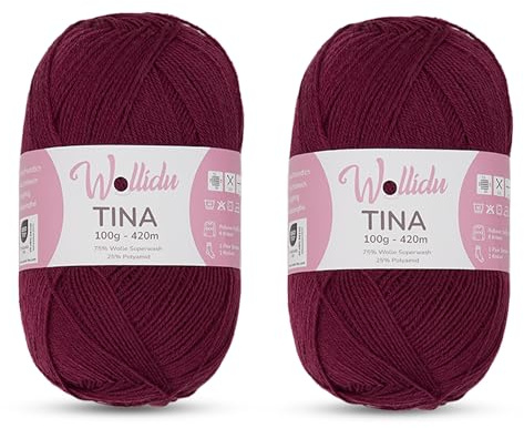 Wollidu Tina Strumpfwolle/Sockengarn 4-fädig 2er Set – 75% Wolle 25% Polyamid – 100g/420m – Nadelstärke 2–3 mm – uni Sockenwolle – Farbe Pflaume