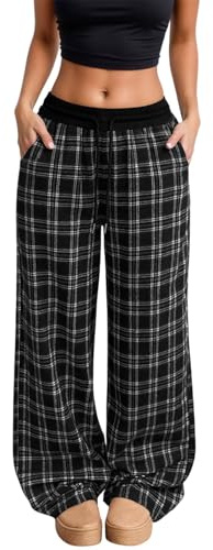 Generisch Pantalon de pyjama pour femme avec jambes larges et motif à carreaux - Pantalon de détente décontracté avec taille élastique - Pantalon de pyjama confortable pour un look décontracté