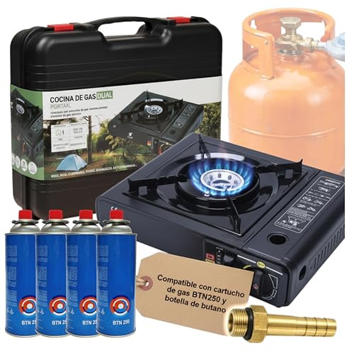 Camping Gas Portatil con Adaptador de Bombona, Pack Hornillo + 4 Cartuchos, Hornillo Camping Gas Portátil, Cocinal, Infernillo, Fogareiro (Horno+Adaptador bombona+4Botellas)