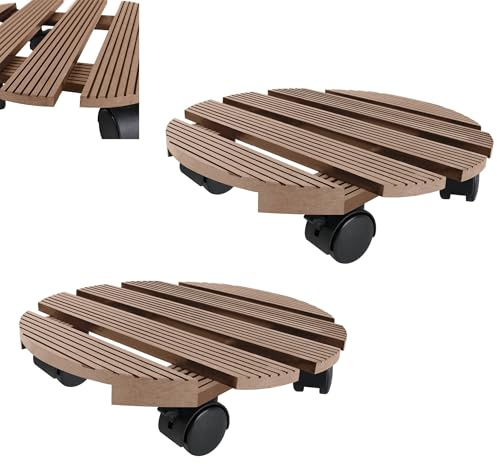 TATIVALO 2er Set Pflanzenroller WPC Ø30 cm Braun | WPC-Blumenroller, Rollbrett,Untersetzer mit Rollen, bis 100 kg Tragkraft. Für schwere Pflanzkübel, Garten, Balkon, Terrasse
