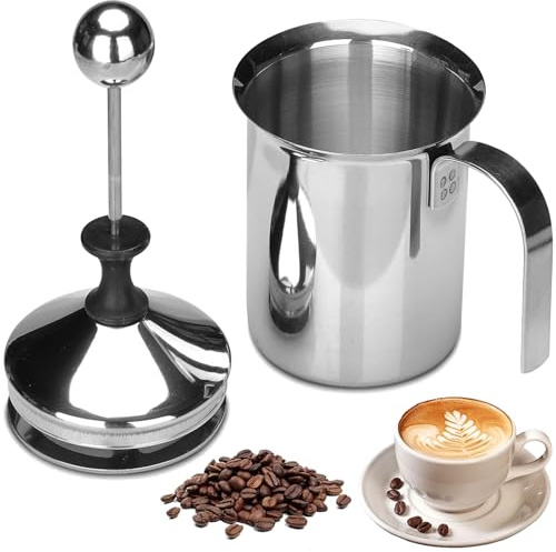 Persiiious 400ml Espumador de Leche, Espumador de Leche Manual de Acero Inoxidable, Espumador de Leche Manual, Con Doble Pantalla de Espuma Para Capuchino, Café Con Leche, Chocolate Caliente