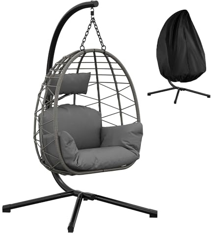 Zstar Fauteuil œuf Suspendu Pliable avec Support en métal – Rotin résistant – Coussins imperméables lavables – Dossier Ergonomique – avec Housse Anti-poussière – pour Jardin, Balcon, terrasse – Gris