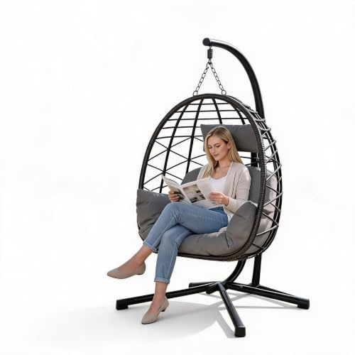 Fauteuil Suspendu Extérieur avec Support, Coussin Épais，Charge 150kg-Gris