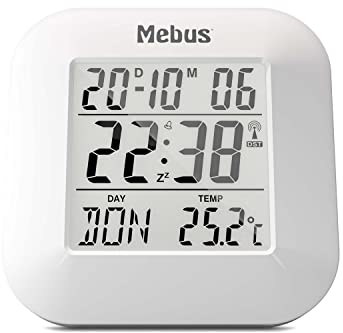 Mebus digitaler Funk-Wecker mit Thermometer, Datumsanzeige und Beleuchtung, Snooze-Funtion, Material: Kunststoff, Farbe: Weiß, Modell: 51511
