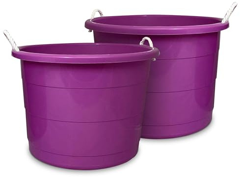 HOMZ 2-Pack Utility Tub, Large Plastic Storage Bucket with Rope Handles, 17 Gallon, Purple - Portable Indoor and Outdoor Buckets for Kitchen, Laundry, Garden, Bathroom, and Garage Organization