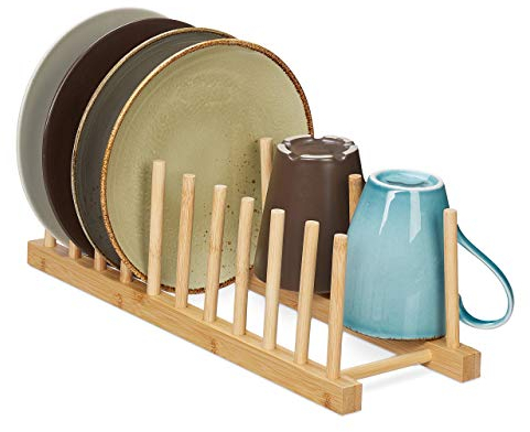 Relaxdays Tellerständer, für 10 Teller, Schneidebretter, Topfdeckel, Abtropfgestell Geschirr, Bretthalter Bambus, natur