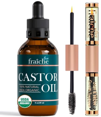 Live Fraiche Organic Castor Oil Lash Serum for Hair Growth, Eyebrow Eyelash Growth Serum, 100% Pure Cold Pressed Hexane Free (2oz Glass Bottle + FILLED Mascara Tube)