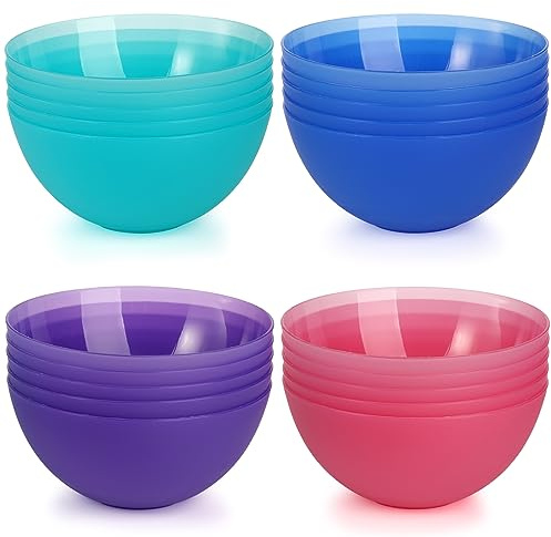 yarlung 20 Pack 24 Oz Plastic Salad Bowls, 6 Inch Snack Bowls Lightweight Cereal Bowls Set for Pasta, Soup, Rice, Clear 4 Colors
