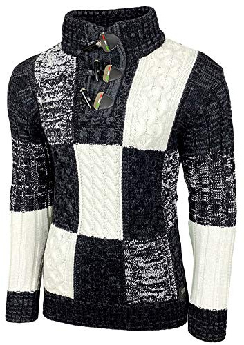 Maglione da uomo a maglia grossa, colletto alto, giacca invernale per il tempo libero, motivo mélange, felpa B-51112, Nero , XL