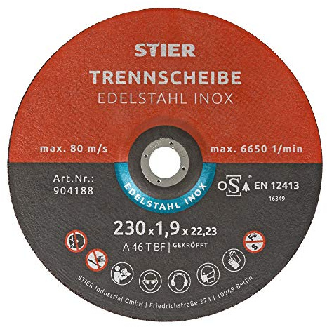 STIER Trennscheibe für Edelstahl/INOX, Metall, Stahl, Ø Flexscheibe: 230 x 1,0 x 22,23 mm, gerade, Set mit 25 Stück, für Winkelschleifer