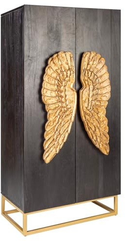 Riess Ambiente Extravagantes Highboard Angel 140cm schwarz Mangoholz mit goldenen Flügeln Wohnzimmerschrank Schrank Hochschrank Esszimmerschrank Holzschrank