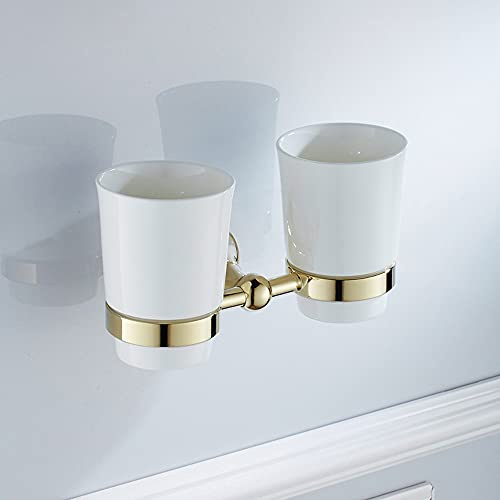 ALYHYB Double Toothbrush Holder for Bathroom Wall Mounted Ceramic Tumbler Holder With Frosted Ceramic Cup Toothpaste Razor Organizer Bathroom Storage, Brushed Gold,brass