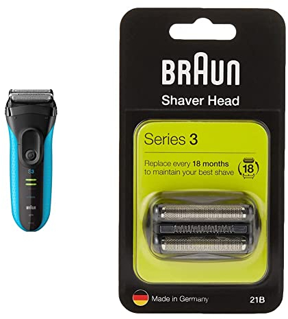 Braun Series 3 Rasierer Herren, 3-in-1-Elektrorasierer, mit 5 Kammaufsätzen, 30 Min Laufzeit, 3010BT, blau & Series 3 Elektrorasierer Scherkopf, kompatibel mit Rasierer Herren Series 3, 21B, schwarz
